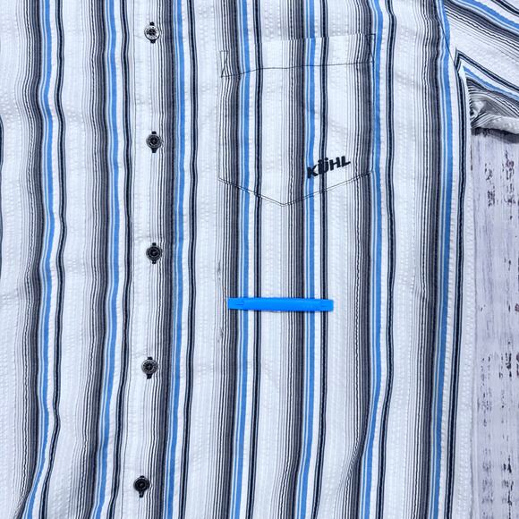 KUHL Striped Short Sleeve Button Down Shirt Men’s L Gray Blue Travel - Picture 3 of 5